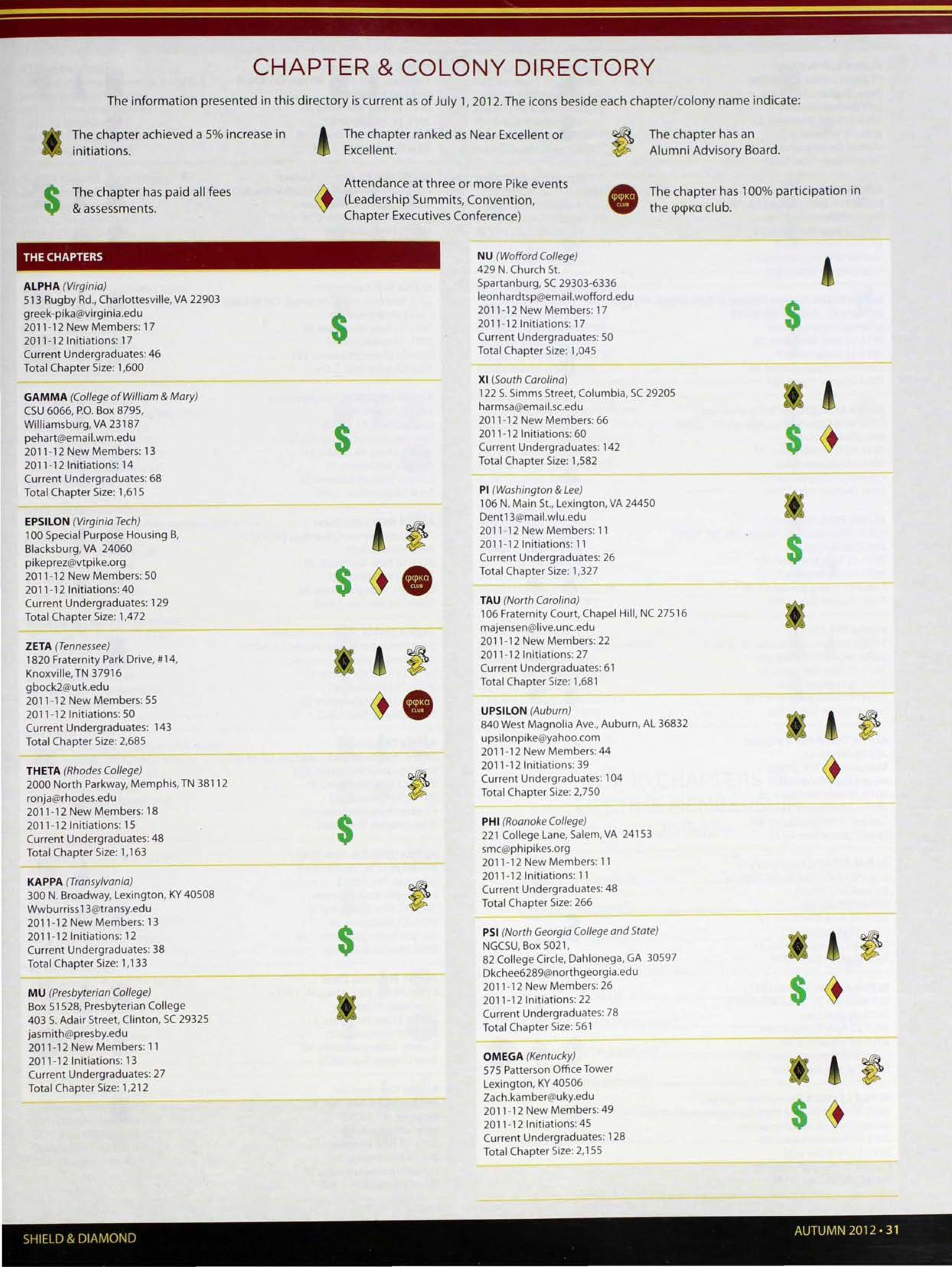 Chapter & Colony Directory, Autumn 2012